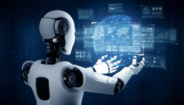 XAI 3d illüstrasyon yapay zeka kullanarak makine öğrenme sürecinde büyük veri analitiği kavramını gösteren sanal hologram ekranı tutan yapay yapay yapay yapay zeka robotu. 3B illüstrasyon.