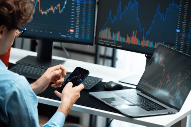 Akıllı telefonlara odaklanan genç tüccar ile piyasa stoku grafiğindeki dizüstü bilgisayarları ve bilgisayarları karşılaştırarak gerçek zamanlı ekranlara yatırım yaparak dinamik döviz kuru kavramını analiz ediyor. Toplayıcı.