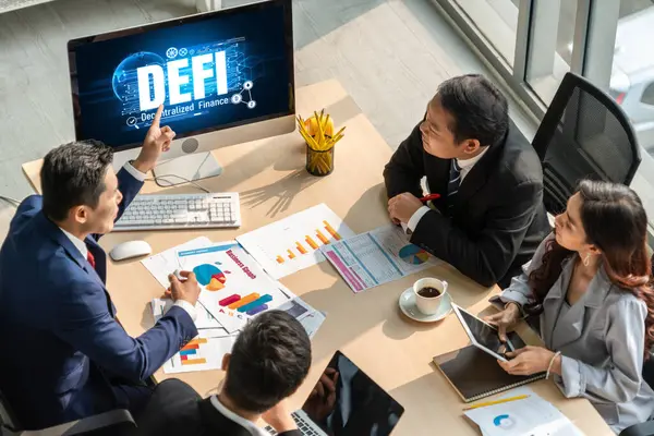 Dezentrale Finanzierung Oder Defi Konzept Auf Einem Modernen Computerbildschirm Das Stockbild