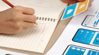 Mobil uygulama için kullanıcı arayüzü prototipi ya da masadaki program modeliyle birlikte web sitesi planlaması yapan bir şirket çalışanı. UX UI tasarımcısı kullanıcı dostu arayüz planını dikkate alır. Sinerjik