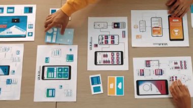 Mobil uygulama ya da web sitesi için kullanıcı arayüzü prototipi planlayan şirket çalışanlarının en iyi görünüm videosu. UX UI tasarımcı beyin fırtınası kullanıcı dostu arayüz planı. Sinerjik