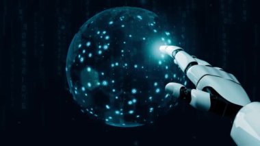 MLP Fütürist robot yapay zeka devrimci yapay zeka teknoloji geliştirme ve makine öğrenme kavramı. İnsan hayatının geleceği için küresel robot biyonik bilim araştırması. 3B görüntüleme grafiği