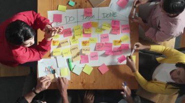 Renkli yapışkan notlarla plan yazarken ve planlarken insanların çalışma tahtası ya da kanban yönetim kurulu oluşturma ve yazma stratejilerinin en üst görünümü. Takım el ele tutuşup alkışlıyor. Cemaat.