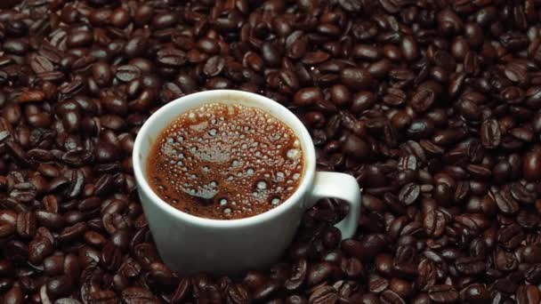 Nyligen Hälldes Espresso Vit Kopp Med Hög Med Kaffebönor Häll — Stockvideo
