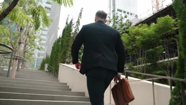 Visão Traseira Gerente Caucasiano Com Terno Formal Subindo Escadas Enquanto — Vídeo de Stock