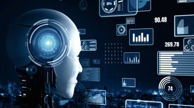 XAI 3D illüstrasyon Gelecek Finansal Teknoloji Kontrolü Yapay Robot Huminoid makine öğrenimi ve yapay zeka kullanarak iş verilerini analiz ediyor ve yatırım ve ticaret hakkında tavsiyelerde bulunuyor