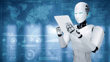 Büyük veri analizi için tablet bilgisayar kullanan XAI 3D illüstrasyon robot hominoidi. 4. Sanayi devrimi için yapay zeka ve makine öğrenme sürecini kullanan yapay zeka.