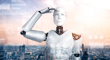 XAI 3d illüstrasyon İnsansı Yapay Zeka robotu hologram ekranına bakıyor ve makine öğrenme süreciyle yapay zeka kullanarak büyük veri analitiği kavramını gösteriyor. 3B illüstrasyon.