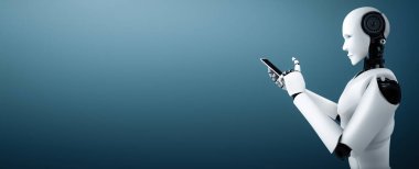 XAI 3D illüstrasyon robotu insansı cep telefonu ya da tablet kullanırken yapay zeka ve makine öğrenme sürecini kullanacak. 4. Sanayi Devrimi 3 boyutlu