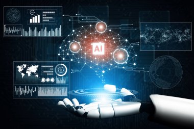 XAI 3D Renching futuristik robot teknolojisi geliştirme, yapay zeka yapay zeka ve makine öğrenme konsepti. İnsan hayatının geleceği için küresel robot biyonik bilim araştırması.