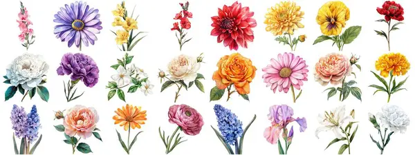 Akvarell Virág Készlet Elszigetelt Háttér Különböző Virágos Gyűjtemény Természet Virágzó — Stock Fotó