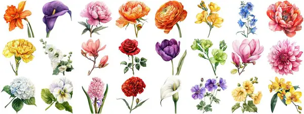 Akvarel Květiny Nastavit Izolované Pozadí Různé Květinové Kolekce Přírody Kvetoucí — Stock fotografie