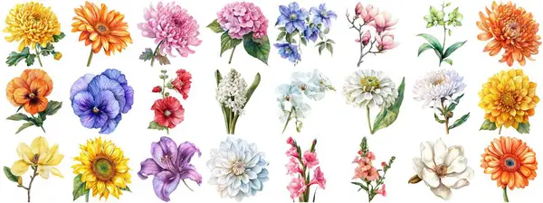 Akvarel Blomst Sæt Isoleret Baggrund Forskellige Blomster Samling Naturen Blomstrende - Stock-foto