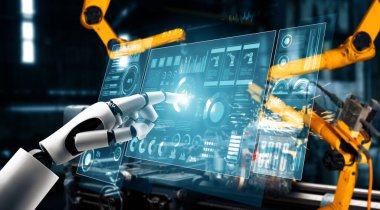 XAI Mekanize Endüstri Robotu ve robot silahları fabrika üretiminde kullanılacak. Sanayi devrimi ve otomasyon üretim süreci için yapay zeka kavramı.