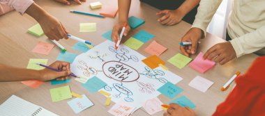 Profesyonel başlangıç grubu zihin haritası kullanarak yaratıcı pazarlama fikrini paylaşıyor. Genç yetenekli iş adamları yapışkan notlar yazarken beyin fırtınası planı yapıyorlar. Eline odaklan. - Yakın çekim. Değiştirilmiş.