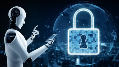 XAI 3d illüstrasyon yapay zeka robot robotu internet sunucusunda veri depolamak için bulut hesaplama teknolojisi kullanır. Makine öğrenme süreciyle analiz edilen gelecekteki bulut bilgi depolama kavramı. 3B görüntüleme