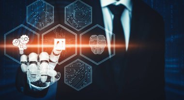 XAI 3D yorumlama fütürist robot teknolojisi geliştirme, yapay zeka yapay zekası ve makine öğrenme konsepti. İnsan hayatının geleceği için küresel robot biyonik bilim araştırması.