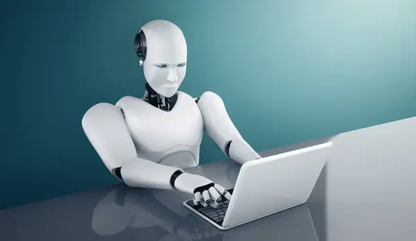 stock image XAI 3d illustration Robot humanoid use laptop and sit at table in future office while using AI thinking brain , artificial intelligence and machine learning process. 4th fourth industrial revolution