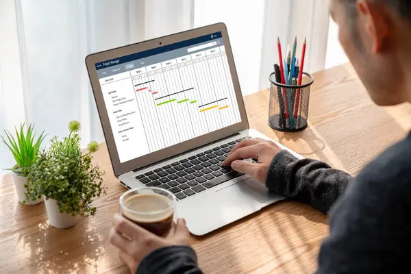 stock image Project planning software for modish business project management on the computer screen showing timeline chart of the team project