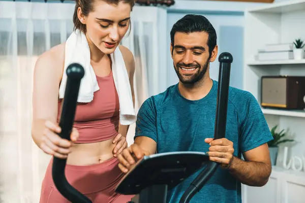 Athletic Sporty Young Couple Fitness Buddy Running Running Machine Together — Stock Photo, Image
