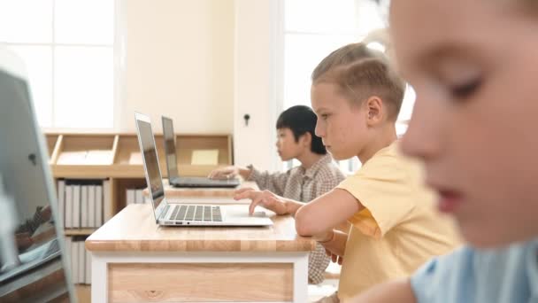 高加索智能儿童编程软件系统和学习编码 同时多文化搜索工程代码 快乐的男孩使用笔记本电脑思考工程技术提示 教育学 — 图库视频影像