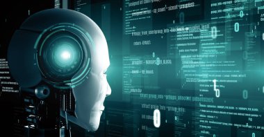 XAI 3d illüstrasyon Futuristik robot yapay zeka insansı yapay zeka programlama kodlama teknolojisi geliştirme ve makine öğrenme kavramı. İnsanlığın geleceği için robot biyonik bilim araştırması