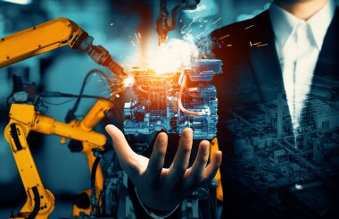 XAI Mekanize Endüstri Robot Kolu ve Fabrika İşçisi Çifte Maruziyet. Sanayi devrimi ve otomatikleştirilmiş üretim süreci için robot teknolojisi kavramı.