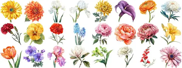 Acuarela Flor Conjunto Aislado Fondo Diversa Colección Floral Naturaleza Floreciente —  Fotos de Stock