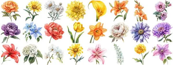Akvarell Virág Készlet Elszigetelt Háttér Különböző Virágos Gyűjtemény Természet Virágzó — Stock Fotó