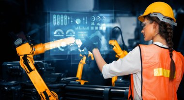Dijital endüstri ve fabrika robotu teknolojisi için MLB Gelişmiş Robot Kol Sistemi. İnternet ağına bağlı IOT yazılımı kullanarak endüstri mühendisliği tarafından kontrol edilen otomasyon üretim robotu.