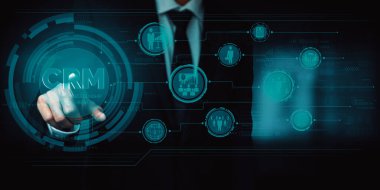 İş satış pazarlama sistemi konsepti için CRM Müşteri İlişkileri Yönetimi CRM veritabanı analizini desteklemek için hizmet uygulamasının fütüristik grafik arayüzünde sunulmuştur. uds