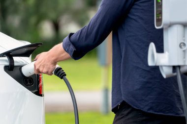 Yolculuk sırasında doğal orman ya da milli parktaki elektrikli araba için şarj olan bir adam. Tatil ve tatil boyunca çevre dostu seyahat. Yükselt