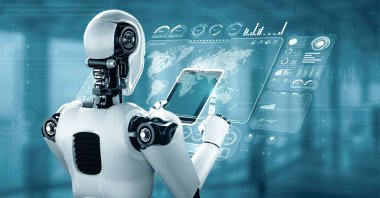 Büyük veri analizi için tablet bilgisayar kullanan MLB 3D illüstrasyon Robot hominoidi. 4. Sanayi devrimi için yapay zeka ve makine öğrenme sürecini kullanarak.