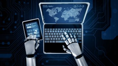 MLB 3D illüstrasyon robotu insansı dizüstü bilgisayarı kullanın ve 4. Endüstri için yapay zeka ve makine öğrenme sürecini kullanarak küresel ağ bağlantısı için masaya oturun.