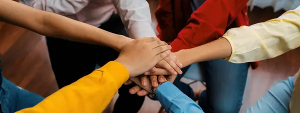 Startup Company Employee Team Stacking Hand Together Symbolize Successful Group — Stock Photo, Image