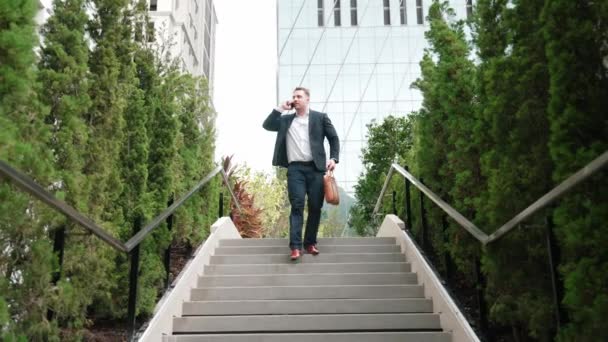 Boldog Üzletember Sétál Lépcsőn Hívja Menedzser Segítségével Okos Telefon Top — Stock videók