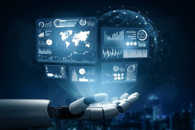MLB Fütürist Robot Teknolojisi Geliştirme, Yapay Zeka Yapay Zeka ve Makine Öğrenme Konsepti. İnsan hayatının geleceği için küresel robot biyonik bilim araştırması.