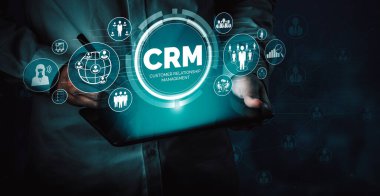 İş satış pazarlama sistemi konsepti için CRM Müşteri İlişkileri Yönetimi CRM veritabanı analizini desteklemek için hizmet uygulamasının fütüristik grafik arayüzünde sunulmuştur. uds