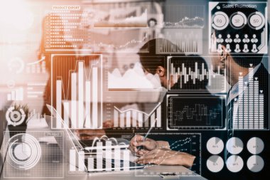 İş Mali Analitik Konsepti için Büyük Veri Teknolojisi. Modern arayüz ekranda iş satış raporları, kâr tablosu ve borsa eğilimleri analizleri hakkında muazzam bilgiler gösteriyor. uds