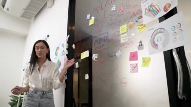 İş toplantısında zihin haritası, istatistiksel grafik ve renkli yapışkan notlar kullanarak cam tahtada yazarken yaratıcı pazarlama projesini sunan güzel beyaz iş kadını. Tertemiz..