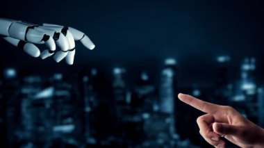 MLP Fütürist Robot Yapay Zeka, yapay zeka, yapay zeka, teknoloji geliştirme ve makine öğrenme kavramlarını aydınlatıyor. İnsan hayatının geleceği için küresel robot biyonik bilim araştırması. 3B görüntüleme grafiği.