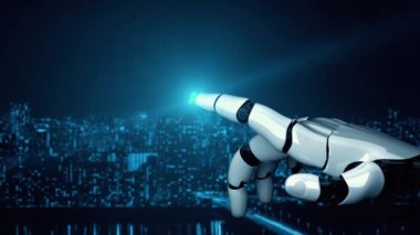 MLP Fütürist Robot Yapay Zeka, yapay zeka, yapay zeka, teknoloji geliştirme ve makine öğrenme kavramlarını aydınlatıyor. İnsan hayatının geleceği için küresel robotik RPA bilim araştırması. 3B görüntüleme grafiği.