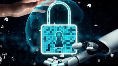 MLP Fütürist Robot Yapay Zeka, yapay zeka, yapay zeka, teknoloji geliştirme ve makine öğrenme kavramlarını aydınlatıyor. İnsan hayatının geleceği için küresel robot biyonik bilim araştırması. 3B görüntüleme grafiği.