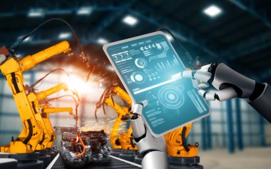 MLB Mekanize Endüstri Robotu ve robot silahları fabrika üretiminde kullanılacak. Sanayi devrimi ve otomasyon üretim süreci için yapay zeka kavramı.