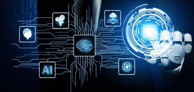 MLB 3D Rending futuristik robot teknolojisi geliştirme, yapay zeka yapay zeka ve makine öğrenme konsepti. İnsan hayatının geleceği için küresel robot biyonik bilim araştırması.