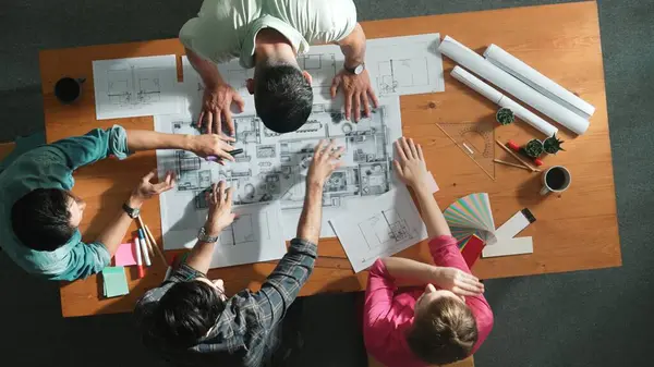 Top View Smart Architect Engineer Team Talking Project Plan While — Stock Photo, Image