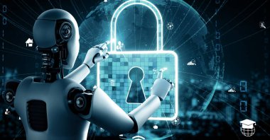 MLB 3d illüstrasyon yapay zeka robot robotu çevrimiçi sunucuda veri depolamak için bulut hesaplama teknolojisi kullanır. Makine öğrenme süreciyle analiz edilen gelecekteki bulut bilgi depolama kavramı. 3B görüntüleme