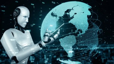 MLB 3d illüstrasyon Futuristik robot yapay zeka insansı yapay zeka veri analitik teknoloji gelişimi ve makine öğrenme kavramı. İnsanlığın geleceği için küresel robotik biyonik bilim araştırması