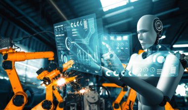 MLB Mekanize Endüstri Robotu ve robot silahları fabrika üretiminde kullanılacak. Sanayi devrimi ve otomasyon üretim süreci için yapay zeka kavramı.