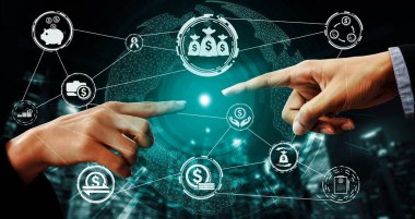Finans ve Para İşlem Teknolojisi Konsepti. Modern bilgisayar uygulamasında fintech ticaret alışverişini, kar istatistik analizini ve piyasa analisti hizmetini gösteren simgesel grafik arayüzü. uds